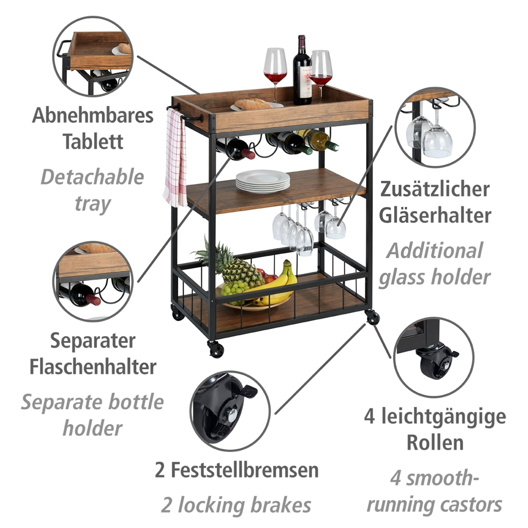WENKO Servierwagen »Modell Rustico« Küchenwagen mit Weinglashalter und Flaschenhalter