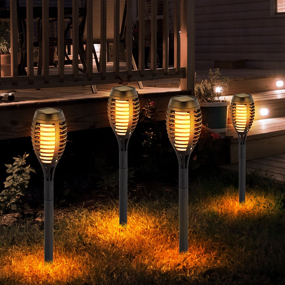 4er Set LED Solarleuchten, schwarz, Feuereffekt, H 50 cm