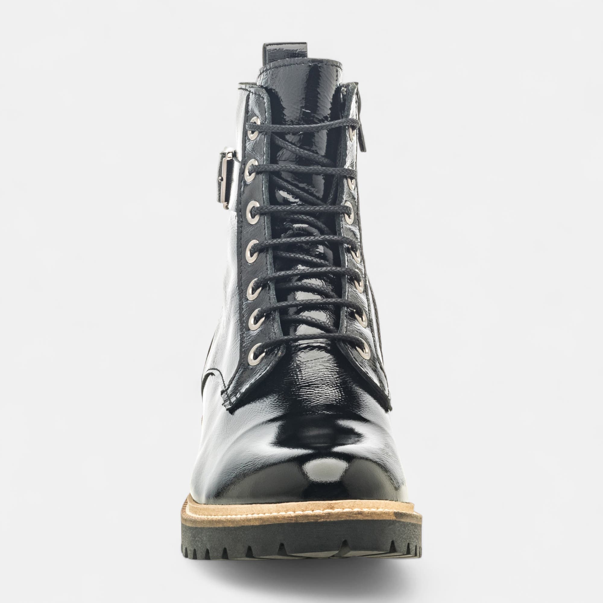 Bottines à lacets Femme en cuir noir vernis