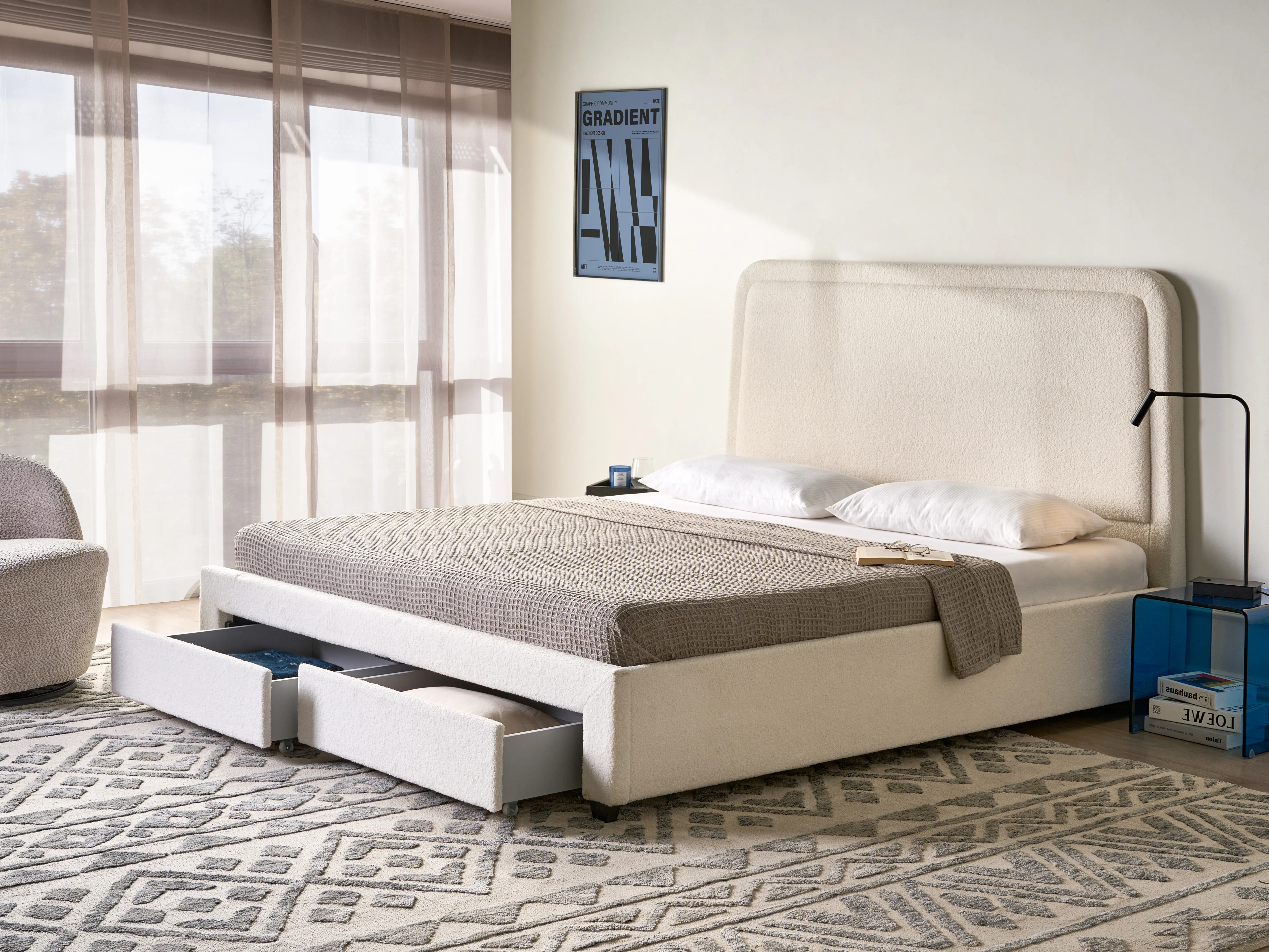 Bed met opbergladen Bouclé SARDENT 180 x 200 cm Gebroken wit