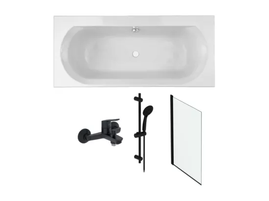 Pack baignoire droite 170 x 75 JACOB DELAFON Elise + pack pommeau et mitigeur bain douche noir mat + pare bain noir mat + vidage
