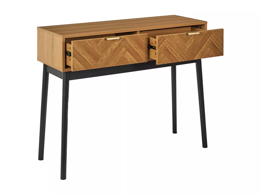 SIXTYS - Console 2 Tiroirs Aspect Bois Décor Chevrons Piétement Noir