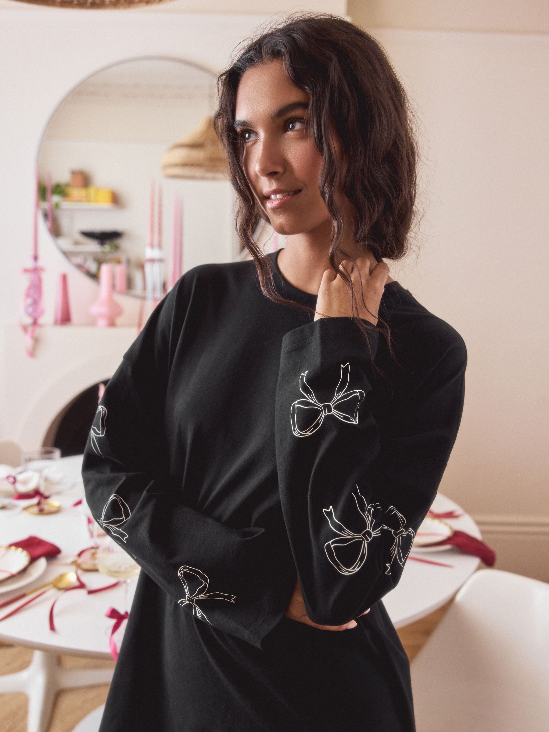 Zwart/wit - Graphic Long Sleeve Nightie