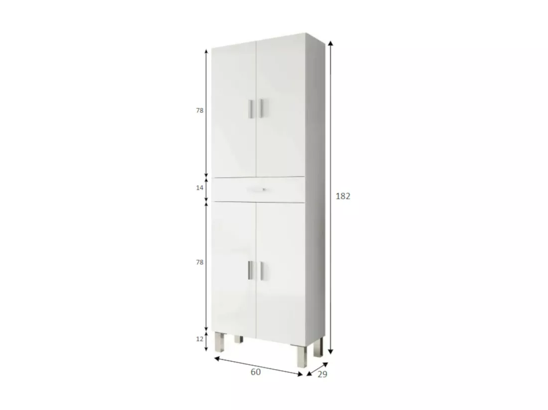 Armoire polyvalente Oxnard, Meuble de salle de bain ou buanderie avec 4 portes et 1 tiroir, Armoire à chaussures polyvalente, 60x29h182 cm, Blanc brillant