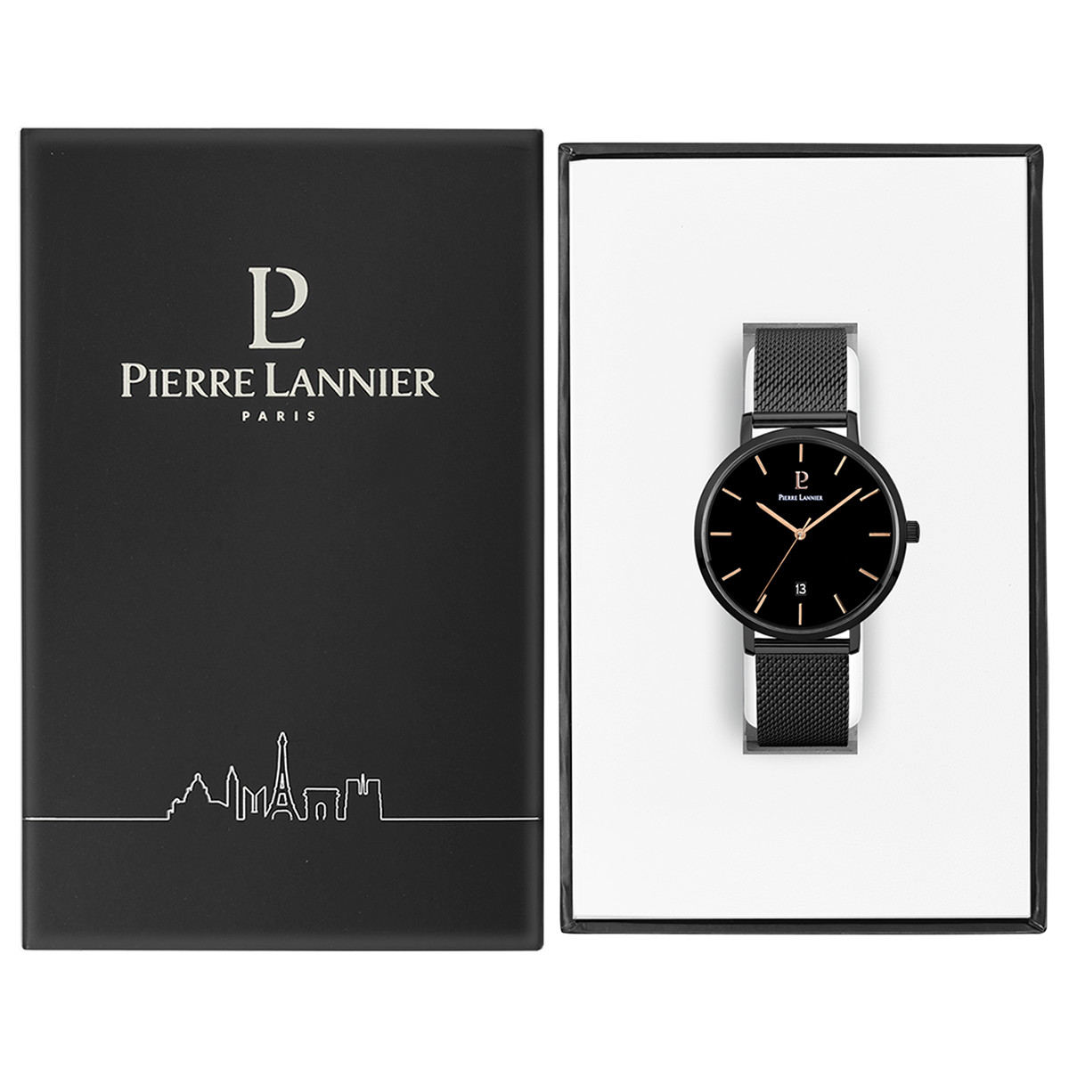 Montre Pierre Lannier homme acier noir bracelet maille milanaise