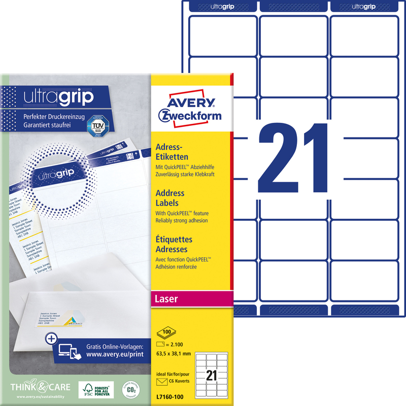 Avery Zweckform Etiketten, L7160-100, 63.5 x 38.1 mm, 100 Blatt
