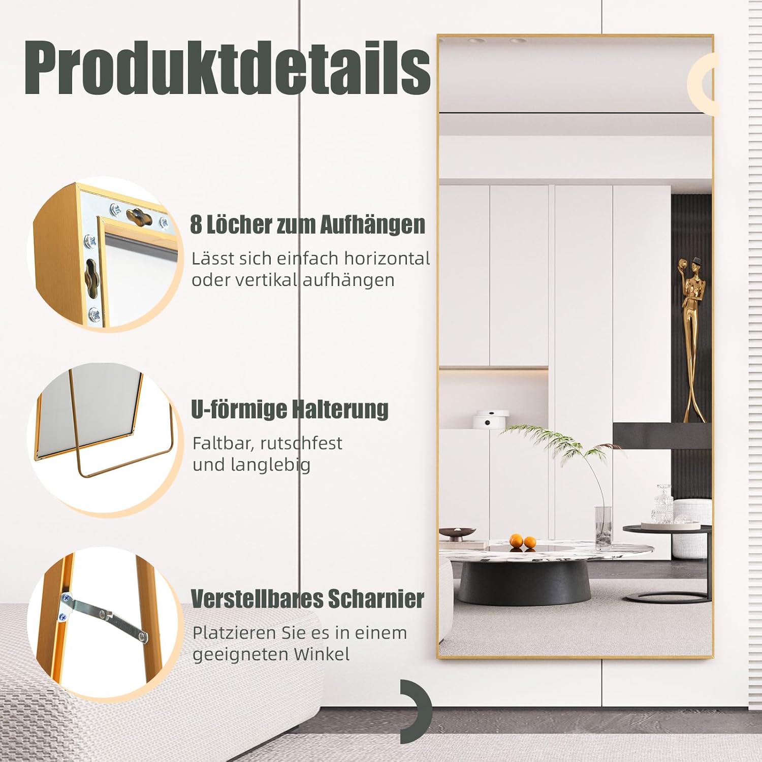 Ganzkörperspiegel Standspiegel 180x80cm mit Golden Metallrahmen Bodenspiegel HD Spiegel Groß Wandspiegel mit Haken für Wohn-, Schlaf- und Ankleidezimmer