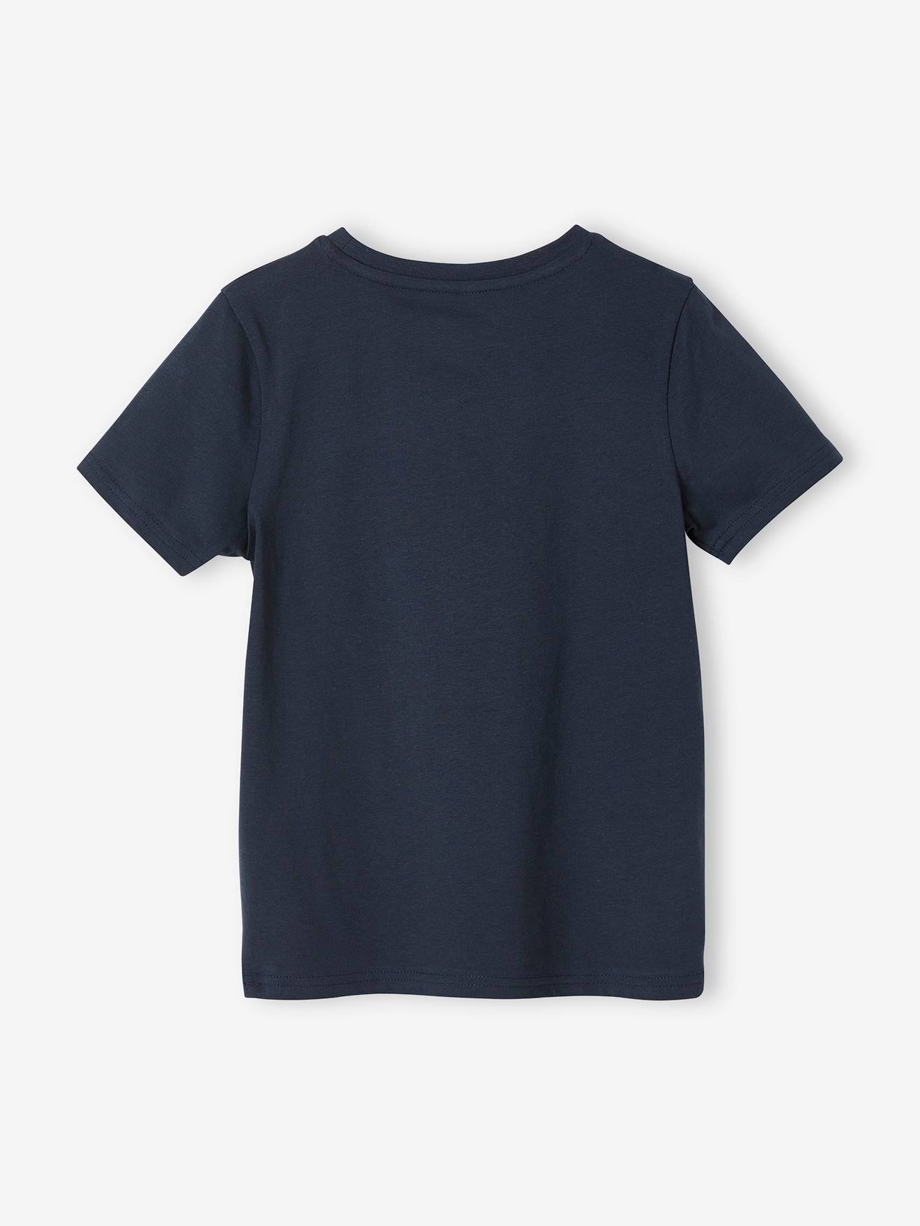 Camiseta de manga curta com estampa, para meninos, azul médio liso com motivos.