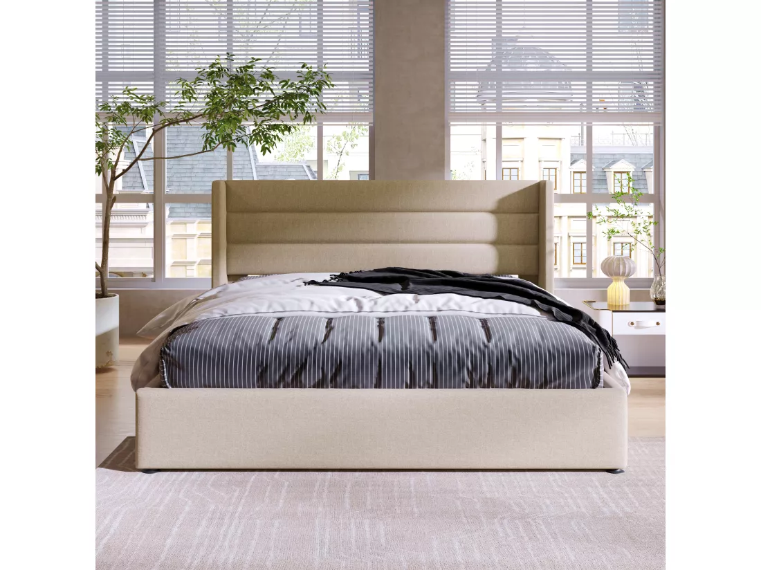 Lit coffre Lit de rangement - 180x200 cm en Lin Blanc cassé - Sweiko