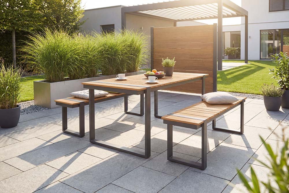 Moderne Outdoor Sitzbank TAMPA LOUNGE 125cm grau natur Aluminium Metall Holz-Design wetterfest