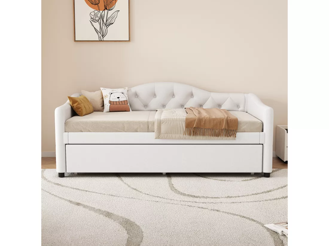 Lit banquette 90x200cm + lit gigogne 90x190cm - capitonné en tissu lin - Beige (matelas non inclus)