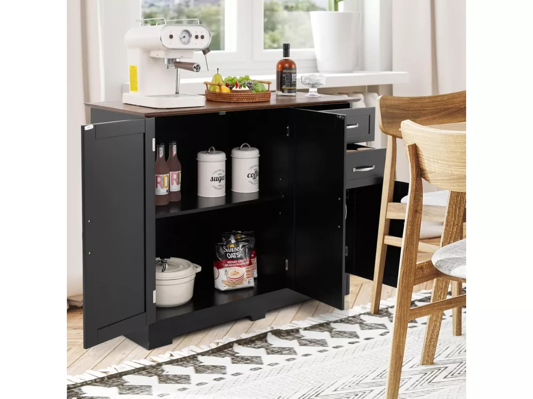 Buffet cuisine, armoire de cuisine 2 placards 2 tiroirs blanc, 100 x 40 x 78 cm (noir)
