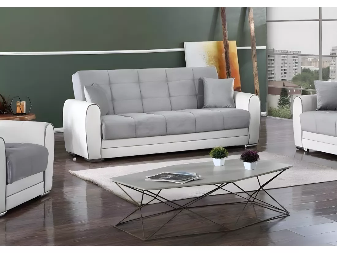 Canapé Luis, Canapé conteneur 3 places en éco-cuir et tissu, Canapé de salon en tissu rembourré avec ouverture clic-clac, 220x84h91 cm, Blanc et Gris