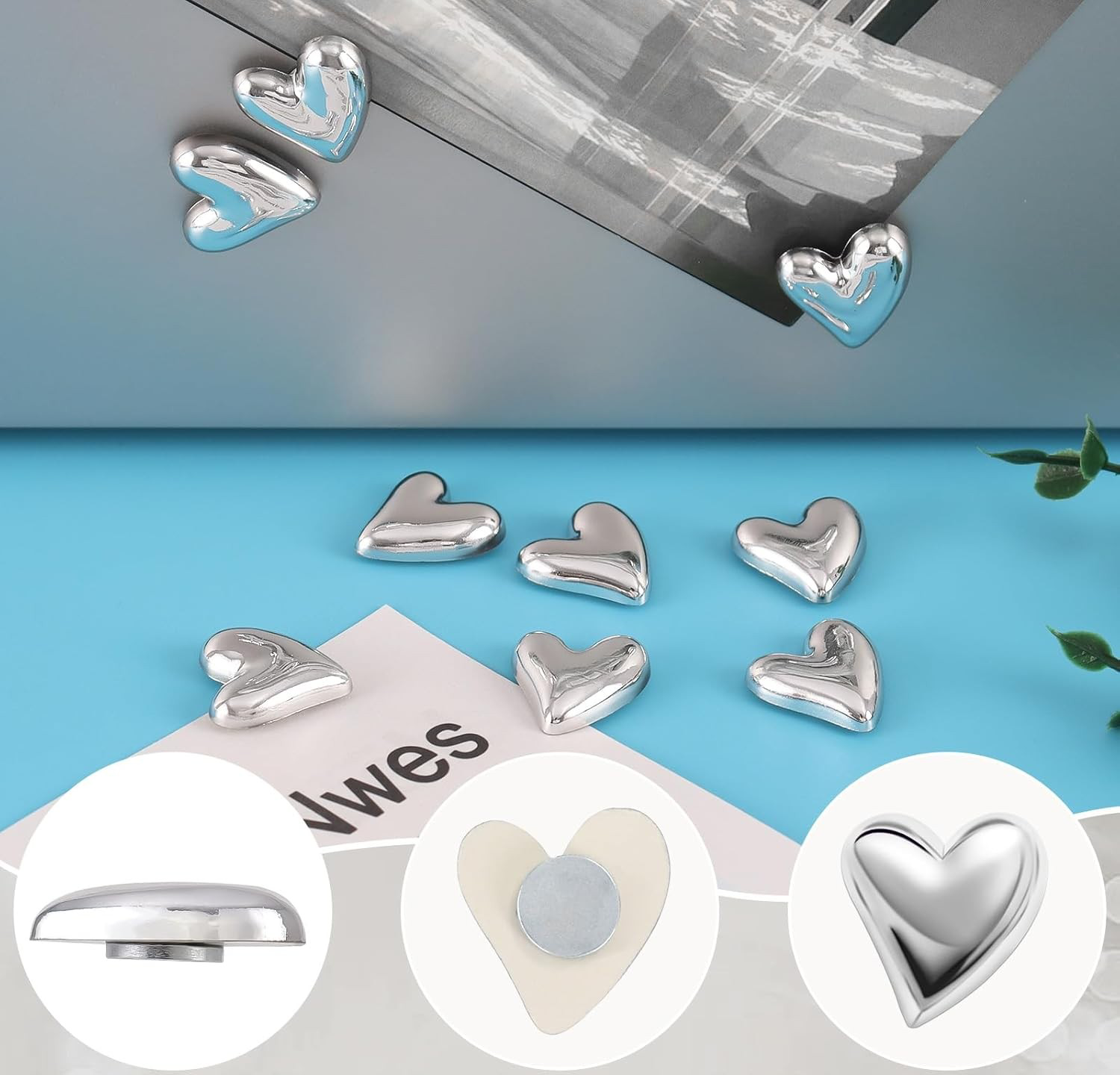(10er Set) 3D Metall Magnet Deko Herz Notizmagnet für Whiteboard   Kühlschrank - Silber