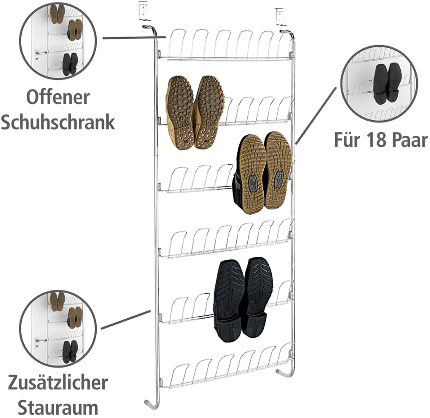 WENKO Türregal für 18 Paar Schuhe, platzsparend, zum Einhängen an Türen ohne Bohren