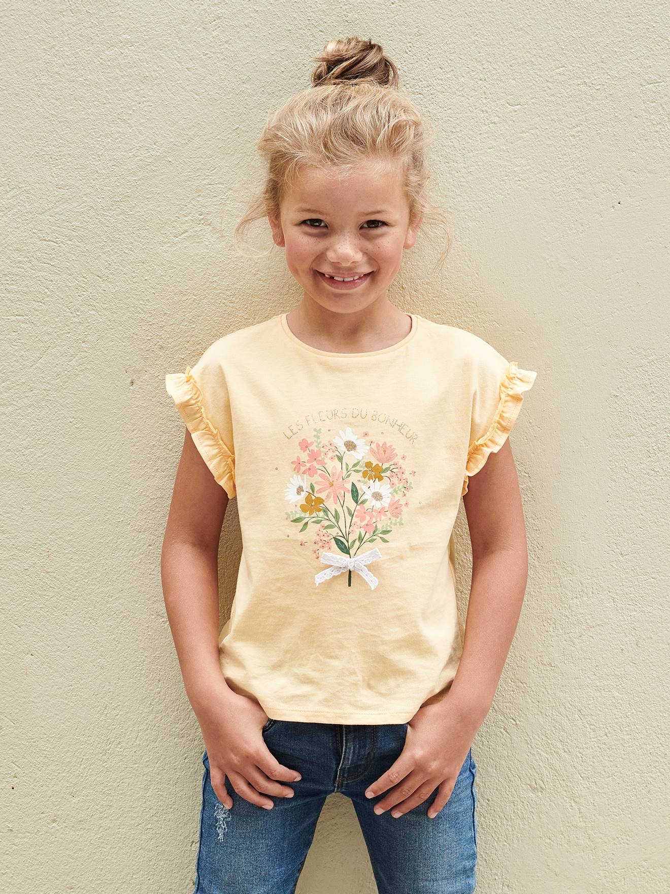 Camiseta infantil bege de manga curta com estampa iridescente e babados.