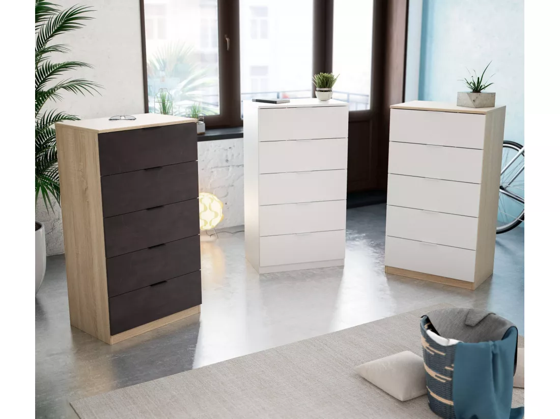 Commode Dhvali, commode à 5 tiroirs, commode pour la chambre, commode moderne, 60x40h110 cm, chêne et anthracite