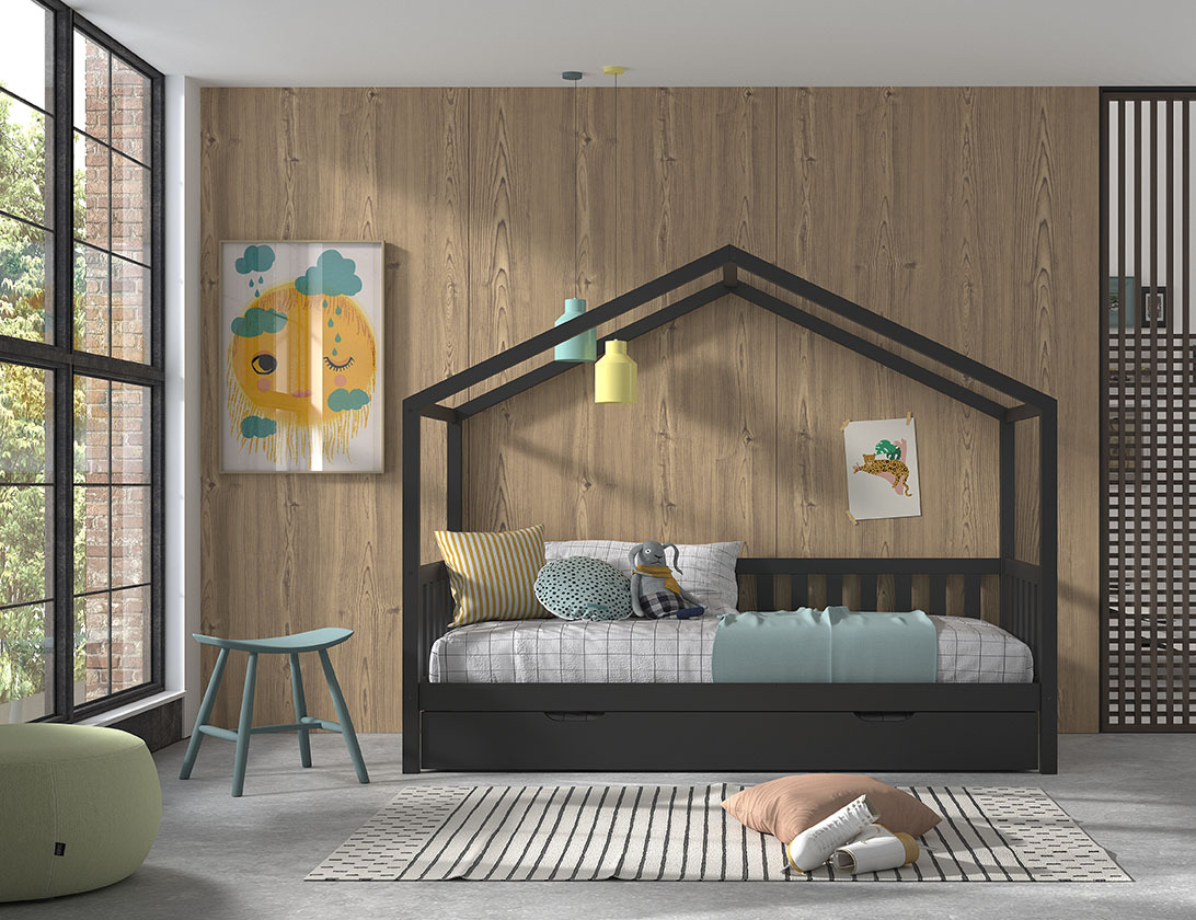 Hausbett DALLAS - anthrazit - Kiefer massiv - 90x200 cm - Bettschublade