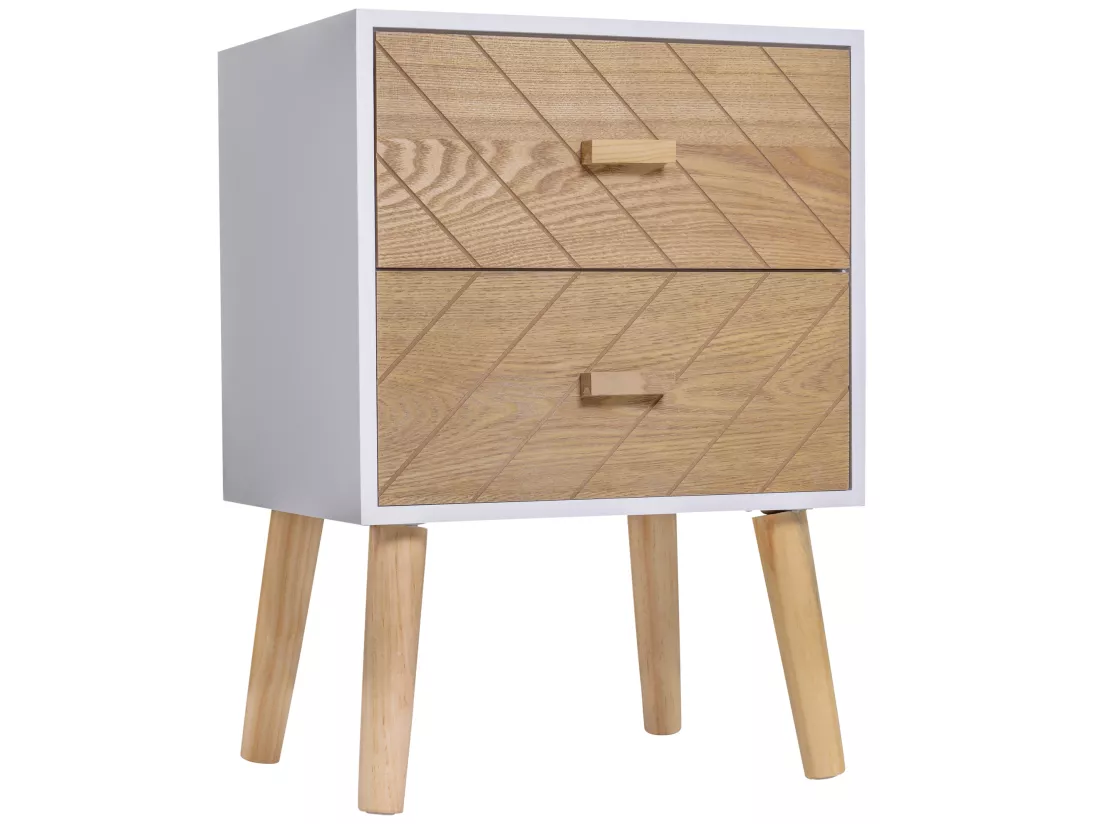 Chevet table de nuit design scandinave 40L x 30l x 56H cm 2 tiroirs bois massif pin MDF blanc et hêtre motif graphique