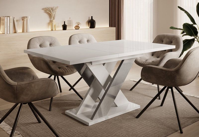 Meubella - Eetkamertafel Xandra - Wit hoogglans - Betonlook - 160 cm - Uitschuifbaar