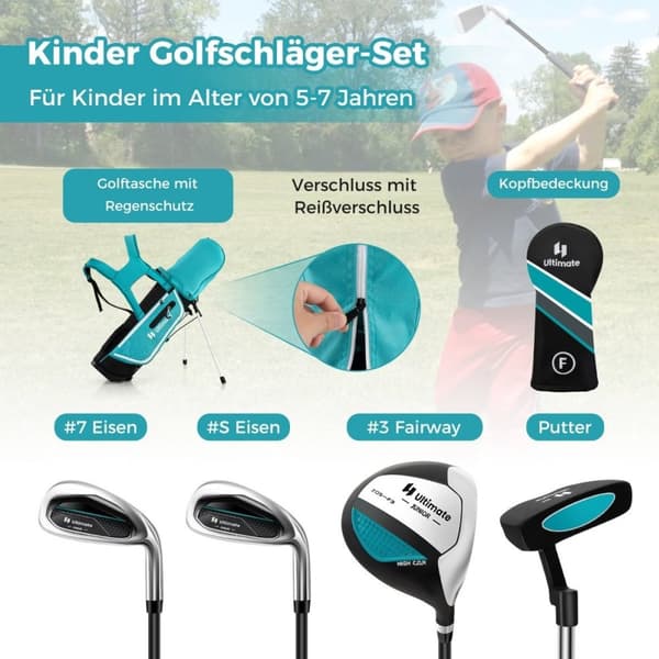 4-delt barnegolfkøllesett med golfbag og regntrekk for barn i alderen 5-7 år blå