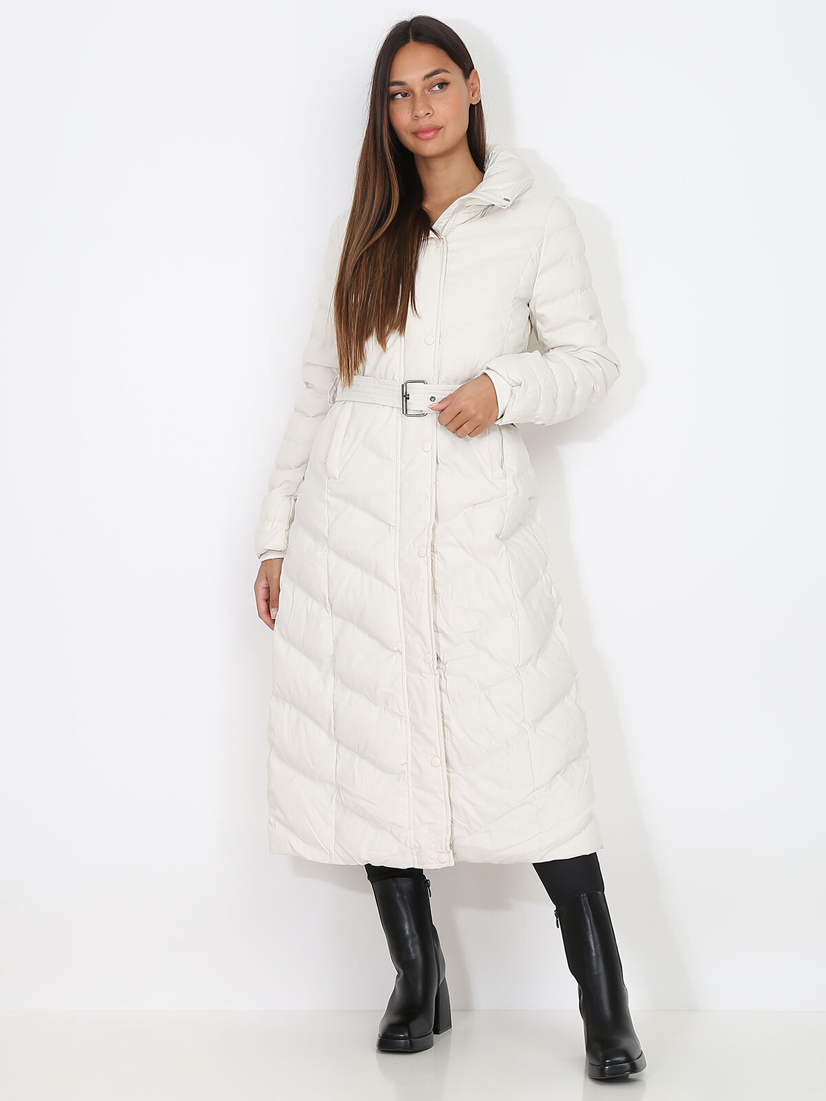 Doudoune longue ceinturée à capuche- Beige