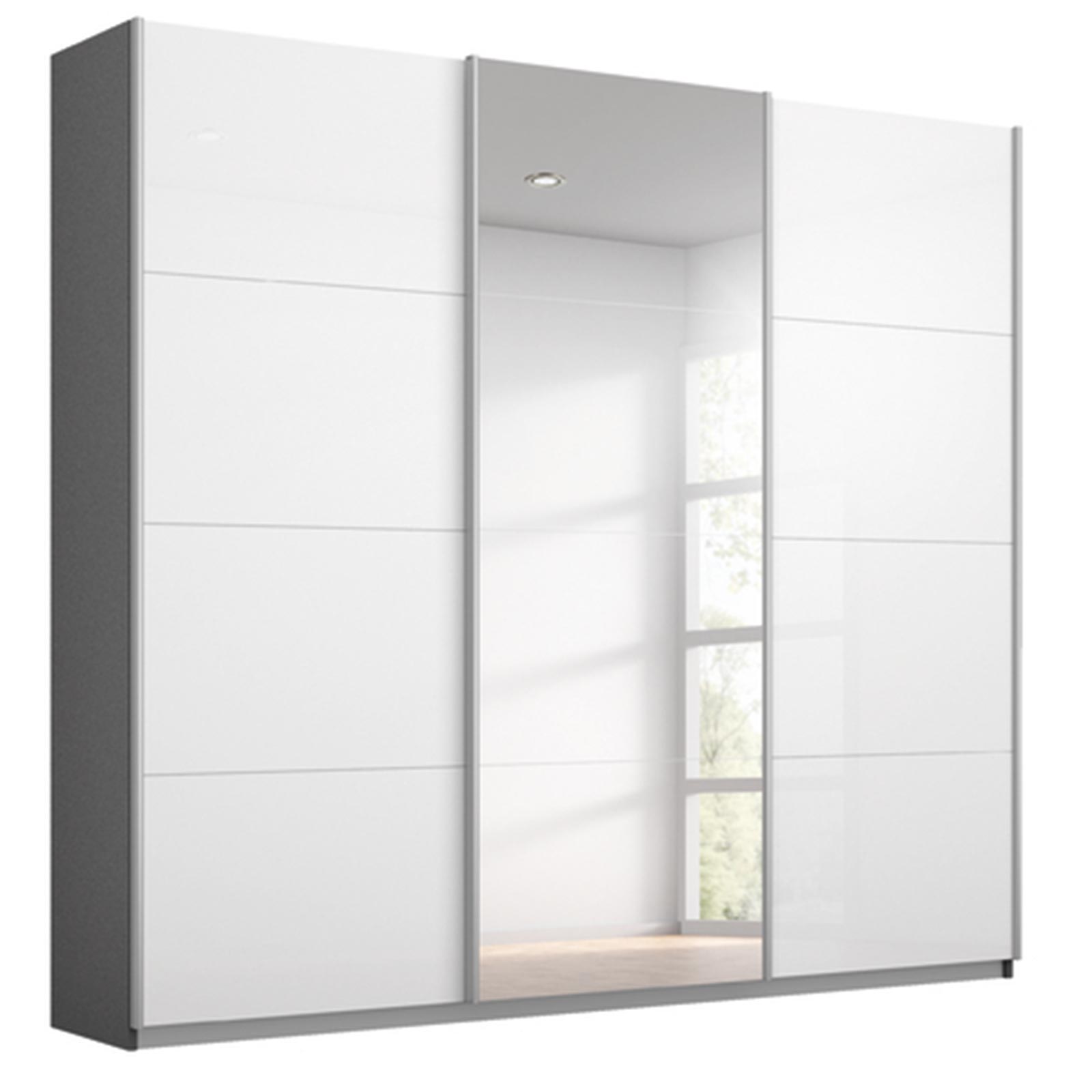 Schwebetürenschrank - weiß Hochglanz - grau metallic - mit Spiegel - 203x210 cm