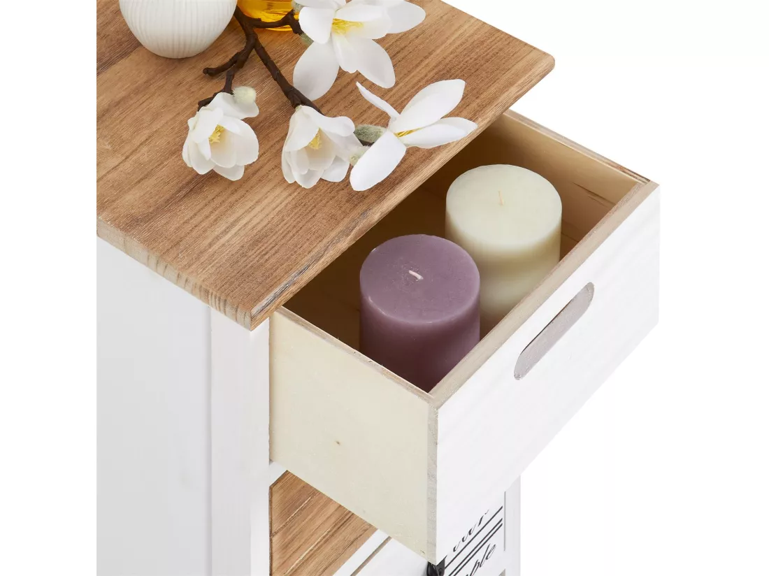 Chiffonnier SALVA H 77 cm en bois massif blanc, gris et brun 4 tiroirs commode petit meuble de rangement haut