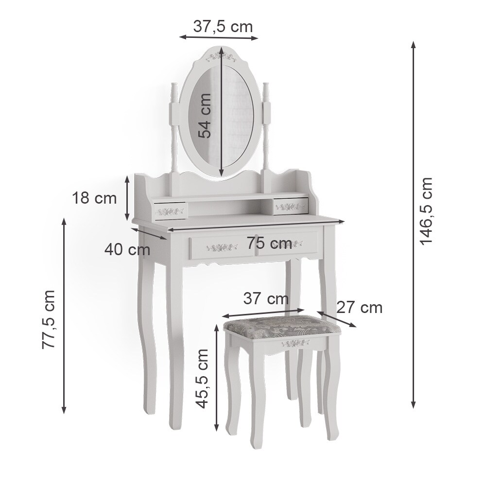 Vicco Schminktisch Frisiertisch Kosmetiktisch Meghan Weiß Schminkspiegel Hocker 75x147 Barock Schlafzimmerkommode Schminkkommode Schwenkspiegel Schublade Aufbewahrung Frisierkommode Make-Up-Tisch