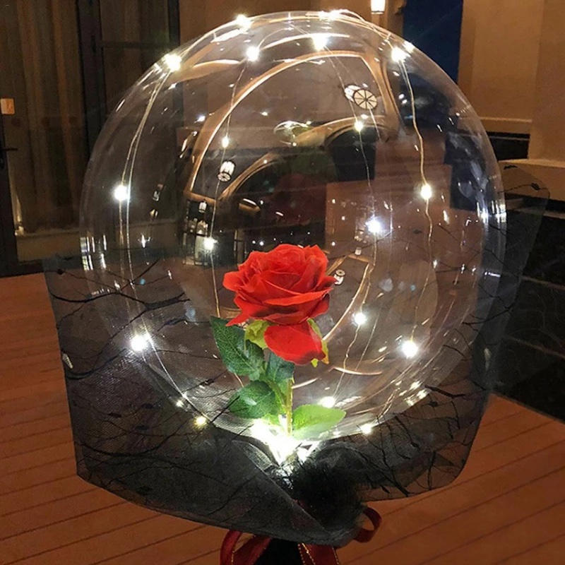 (10-tlg. Set) Ø50cm LED Party Ballon Lichterketten Luftballon zum Befüllen inkl. Rose / Federn / Tüll Band