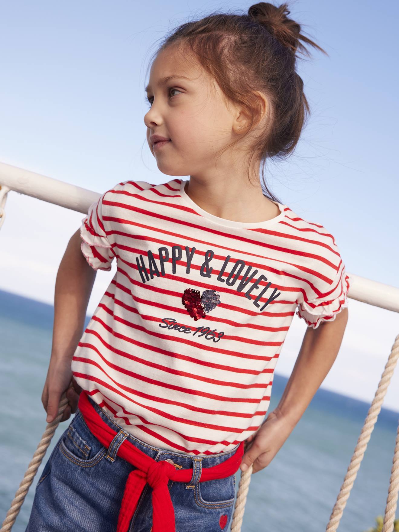 Camiseta listrada com coração e lantejoulas, para meninas, listras azuis.
