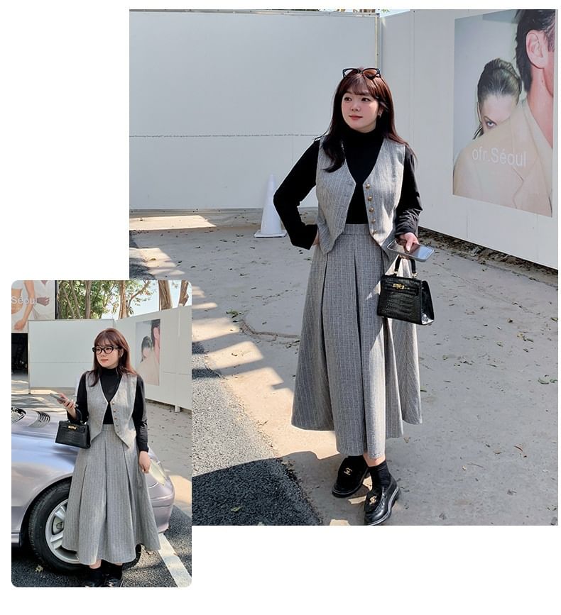 Tripoly - Plus Size Set: V-hals effen enkelrijs vest + hoge taille maxi A-lijn rok