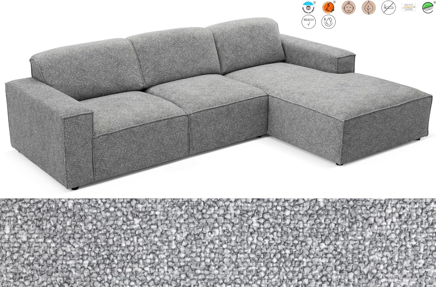 Ecksofa La Mia - Hygge & Wabi-Sabi Stil, Luxus Blur Hellgrau, 286 cm-Größe, L-Form mit ergonomischem Design, Ottomane Rechts (Blur Hellgrau)