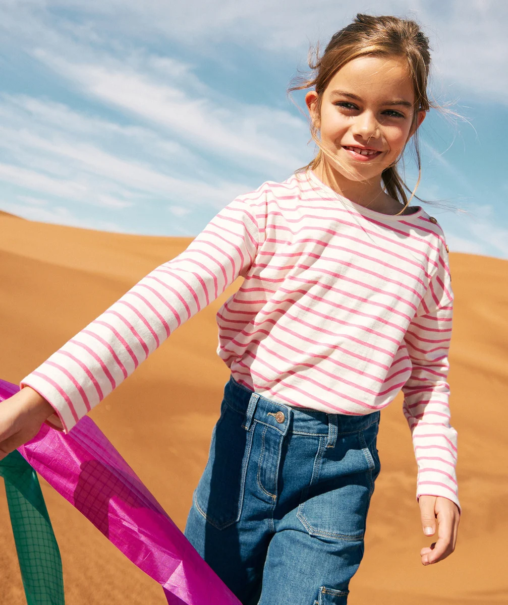 T-SHIRT MANCHES LONGUES FILLE EN COTON BIO RAYÉ ROSE