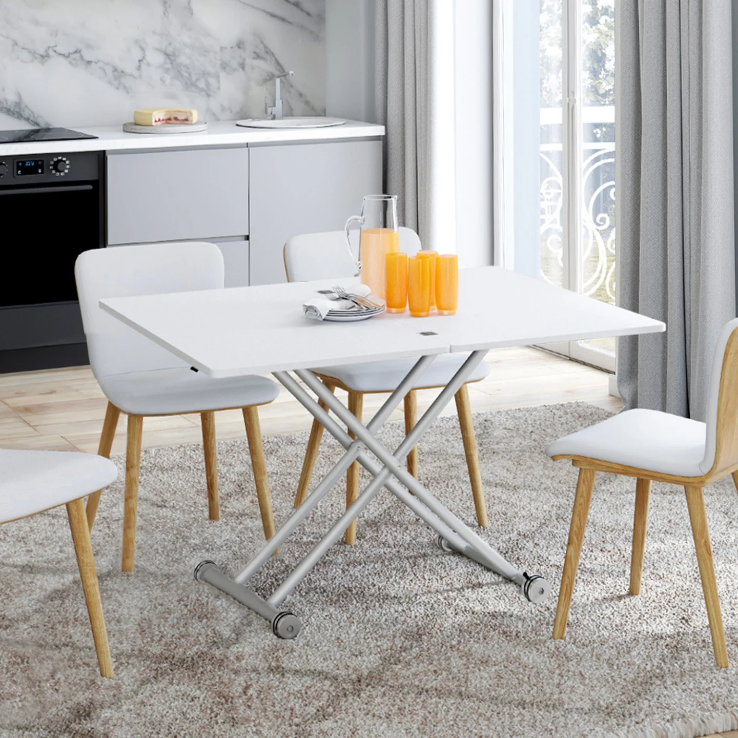Table basse 2-en-1 relevable en table à manger 6-8 personnes plateau portefeuille URBANA plateau blanc pied chrome