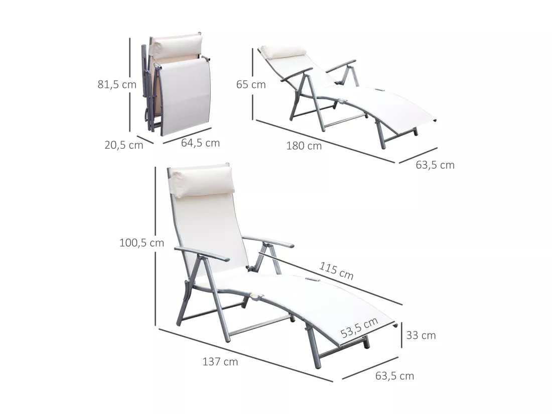 Outsunny transat chaise longue bain de soleil pliable dossier inclinable multi-positions têtière fournie 137L x 64l x 101H cm métal époxy textilène beige