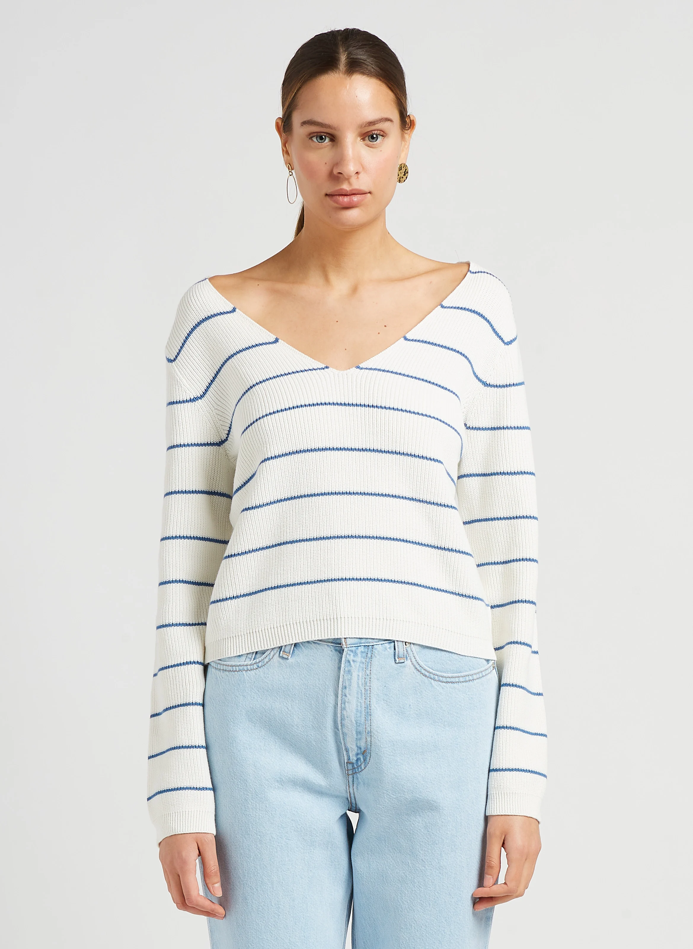 Pull col bateau rayé en coton| Blanc
