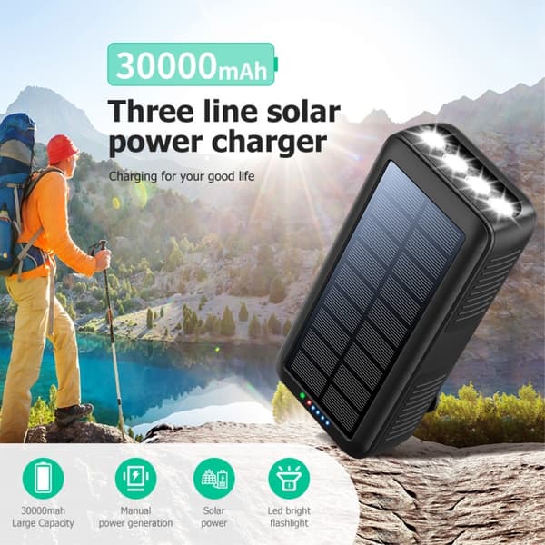 Håndsveiv 30000mAh Solar PowerBank Lightning/USB-C/mikrokabel