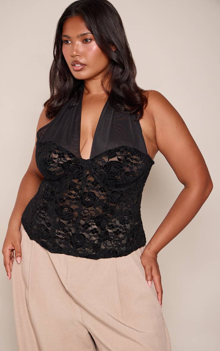 Noir Top Corset Grande Taille En Dentelle Avec Col Licou