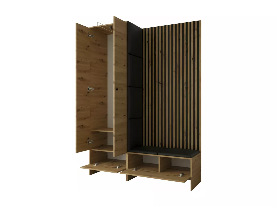 Meuble d'entrée Hartford 320, 206x145x44cm, Chêne Artisan|Noir, Tapisserie|Stratifié
