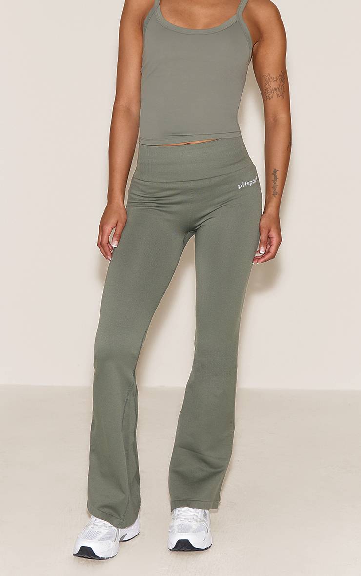 Vert Olive Pantalon De Yoga Évasé Taille Haute Avec Détails Côtelés Sans Couture Plt Sport