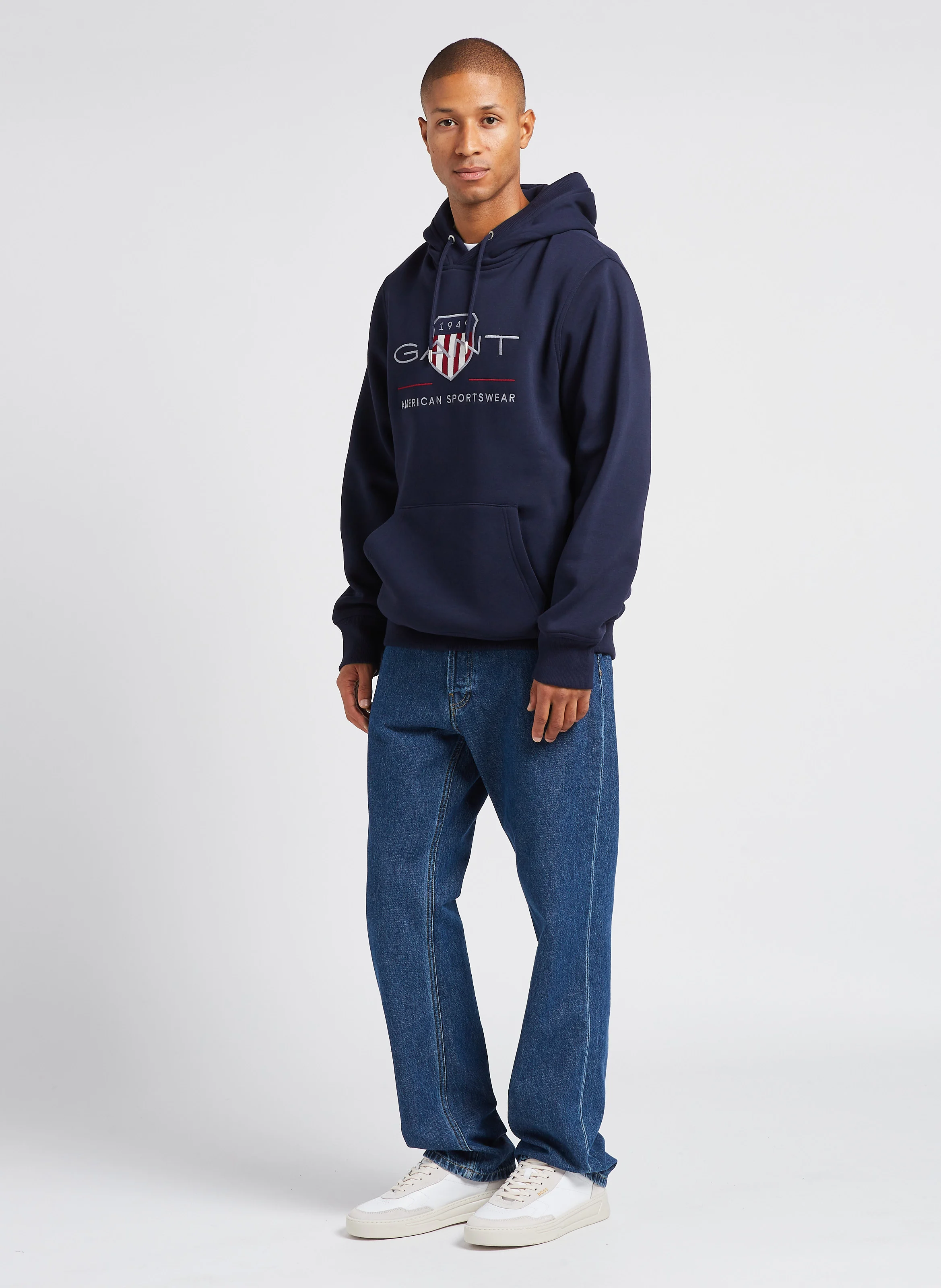Sweat à capuche logo brodé en coton mélangé| Bleu