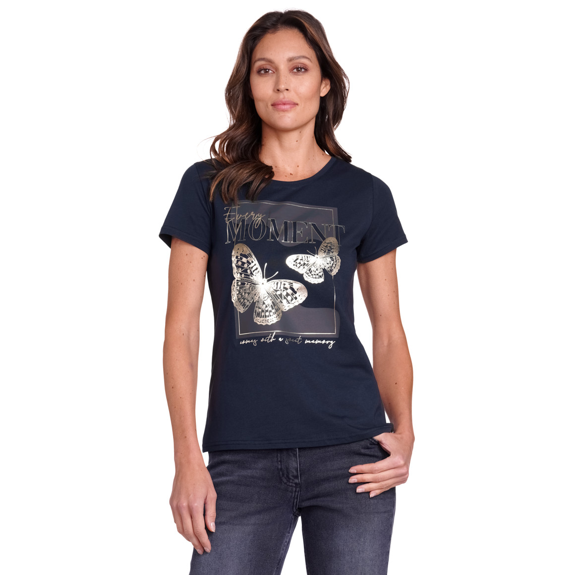 Gina Damen T-Shirt mit Folien-Print dunkelblau