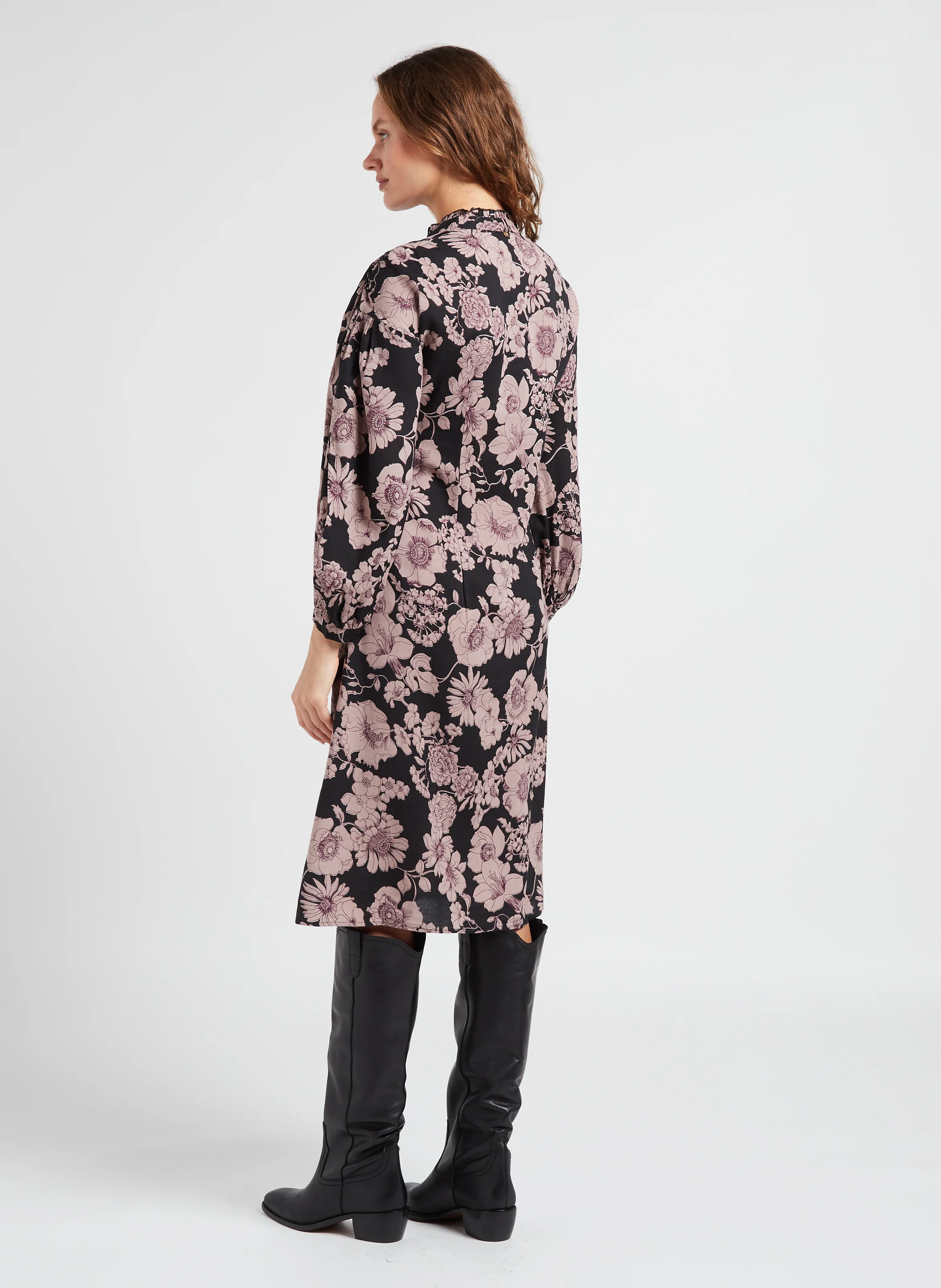 LEONIE - Robe mi-longue col rond à imprimé floral | Noir