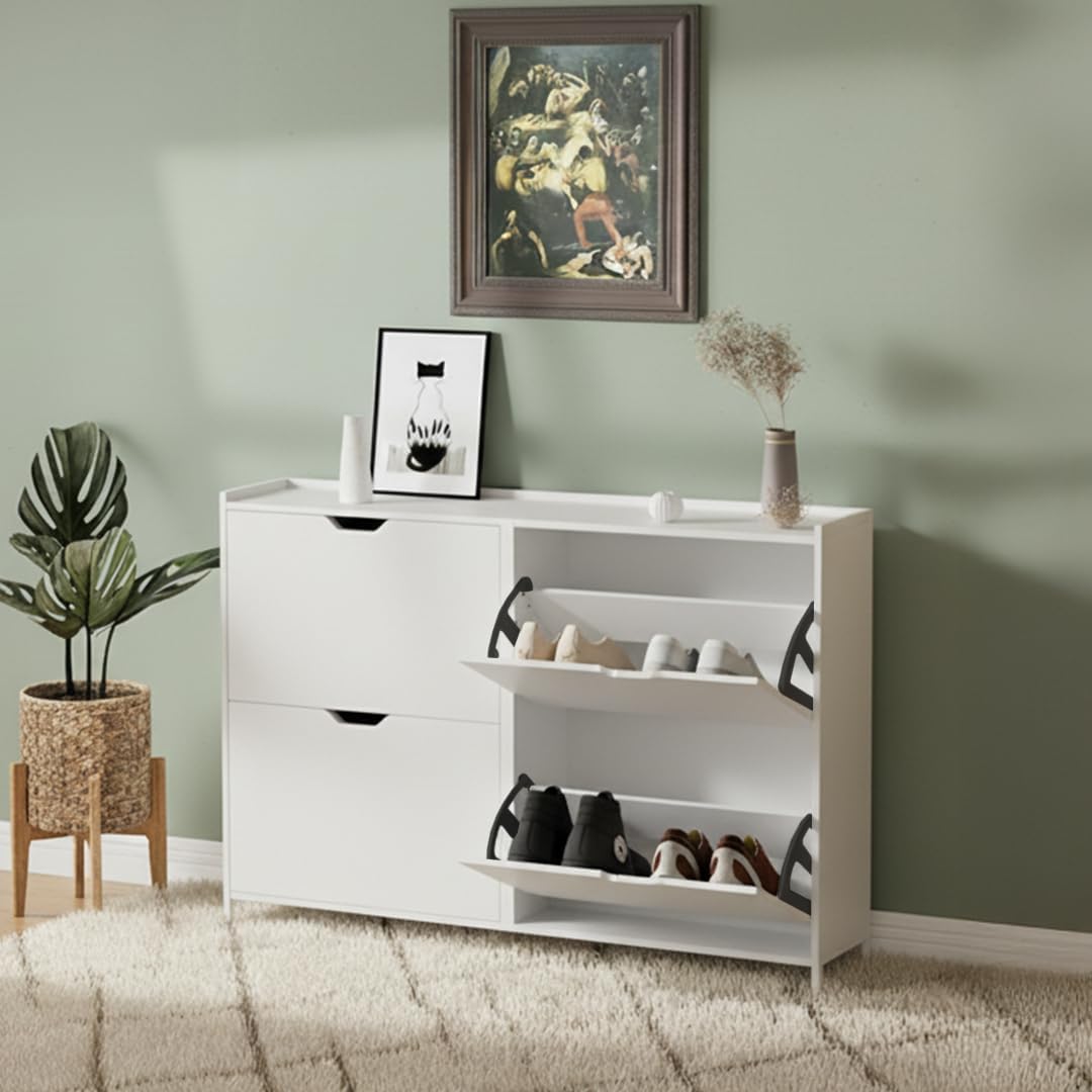 Bellamio Ceyhan Schuhschrank mit 4 Klappen – Schuhkipper weiß aus Holz – Schuhregal schmal 100x19x90cm – platzsparender Flurschrank mit 4 geschlossenen Fächern – Schuhkommode für Flur/Garderobe