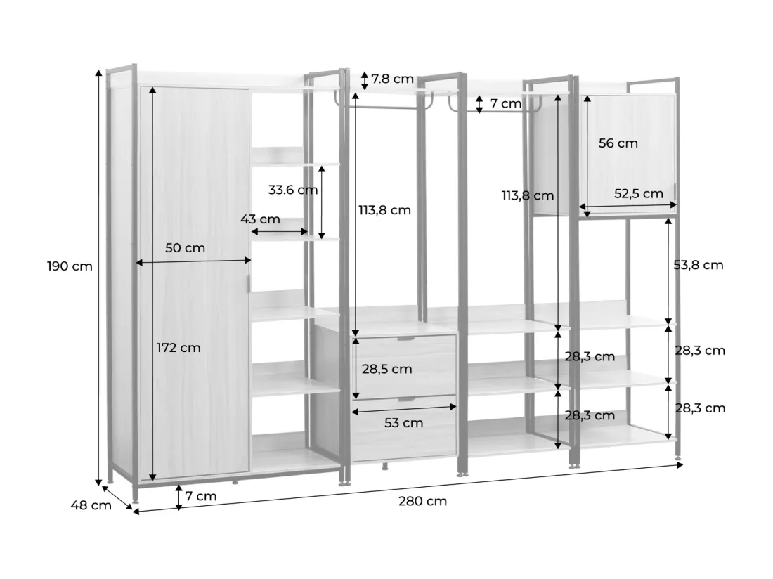 Kit dressing modulable blanc avec 4 éléments. L 280 x P 48 x H 190 cm