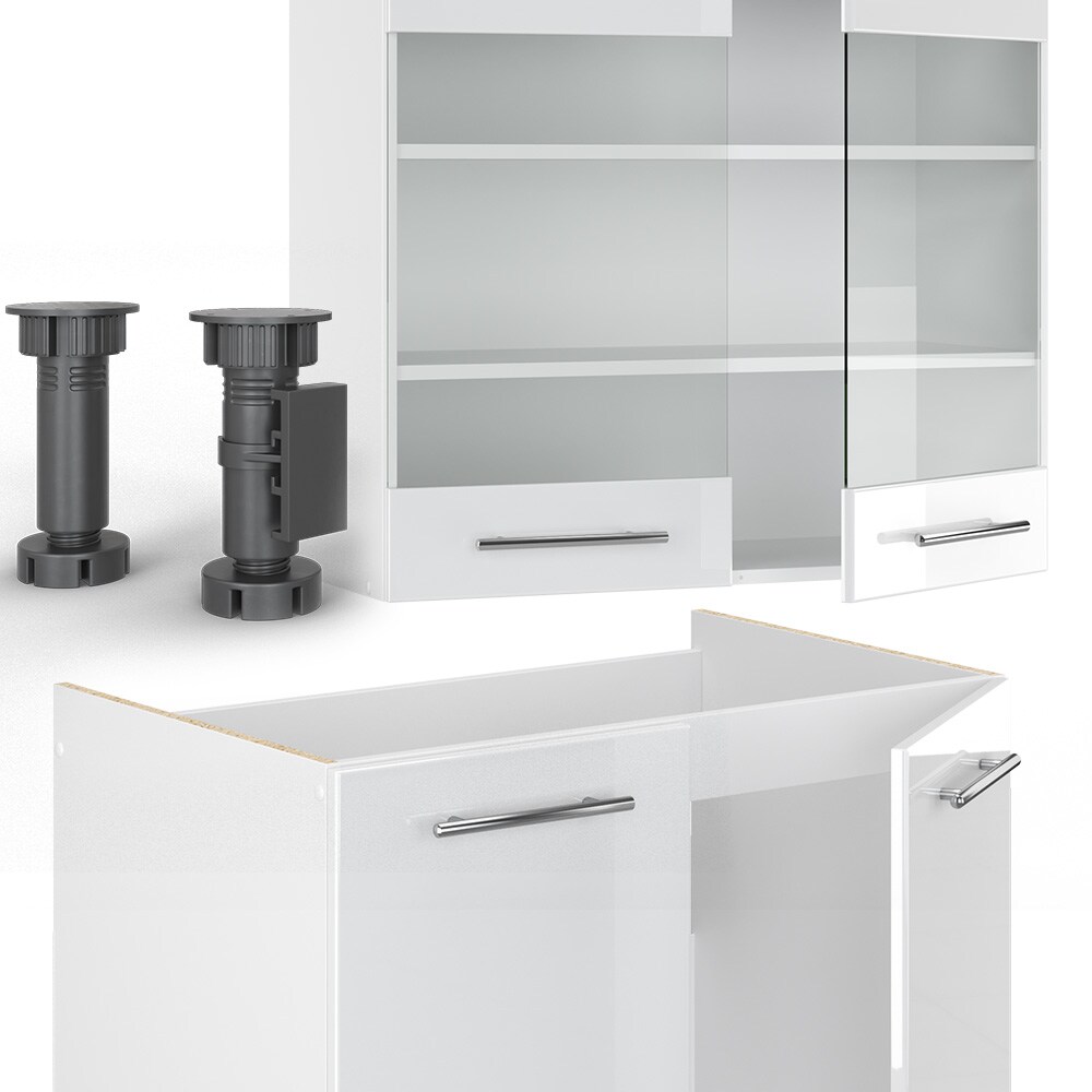 Vicco Küchenzeile Küchenblock Einbauküche Fame-Line Weiß 235 cm modern Hochglanz Küchen Schränke Hängeglasschrank Hängeschrank Schubladenunterschrank Spülenunterschrank Herdumbauschrank