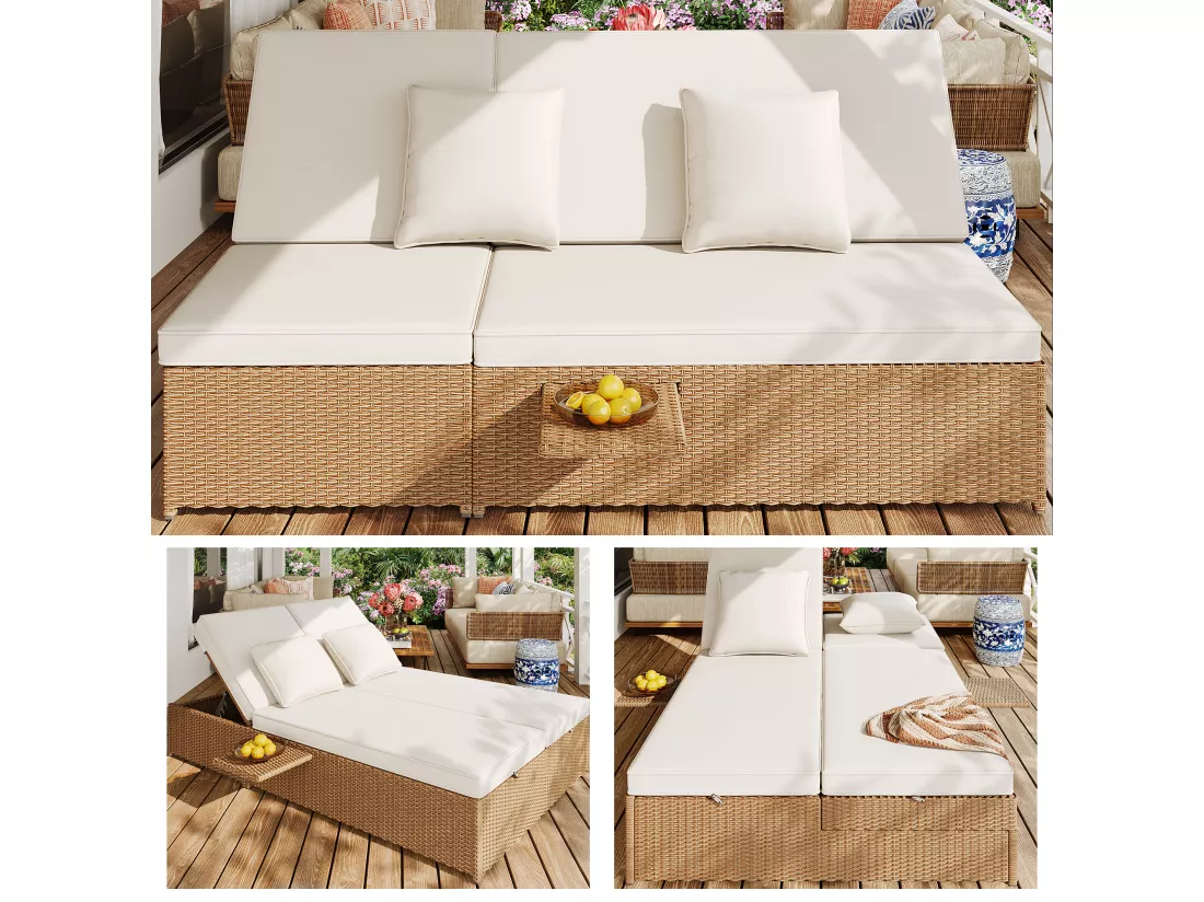 Salon de jardin pour 2 personnes - Canapé lounge en rotin PE avec 2 oreillers et pliable - Ensemble de chaises longues de jardin - Naturel