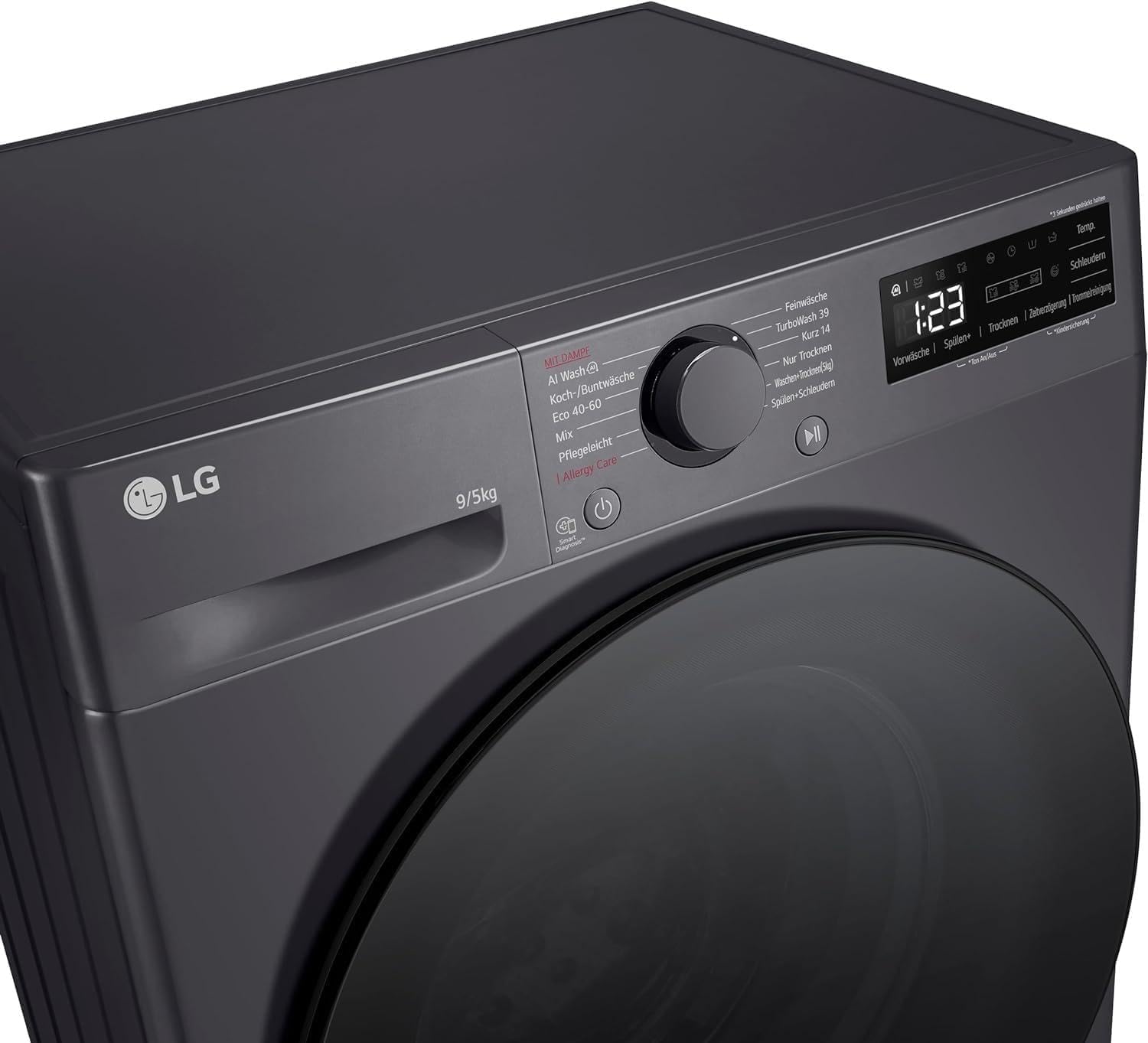 LG V5WD95SLIMB, SLIM Waschtrockner 9-5 kg, Klasse A und E, 60x53.5x85 cm, Wi-Fi, AI Direct Drive, Tiefenreinigung mit Dampf, TurboWash 360, Allergy Care, Außentür aus gehärtetem Glas, Dark Stone