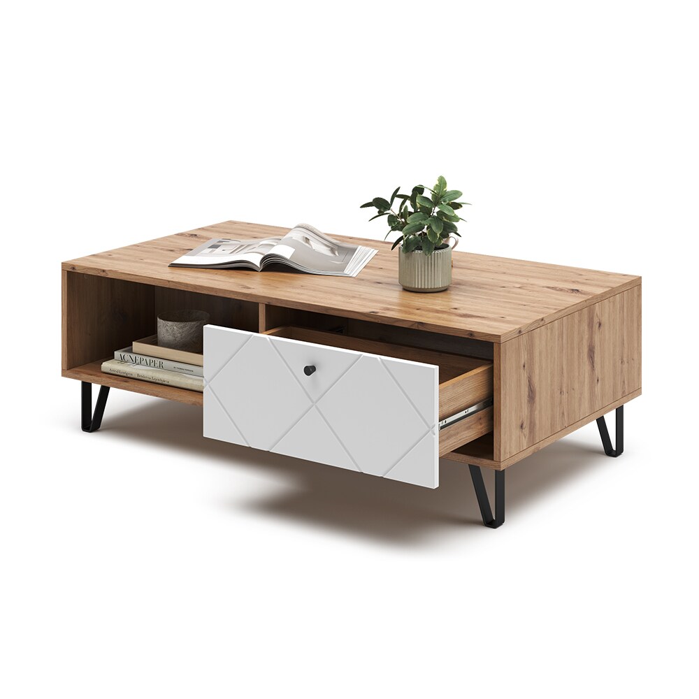 Vicco Couchtisch Nizza 110 x 37 cm, Artisan Weiß, moderner Tisch mit Ablagen